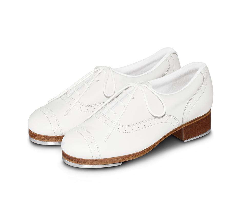 A pair of white Bloch tap shoes with laces and a low heel, designed in collaboration with Jason Samuel Smith.