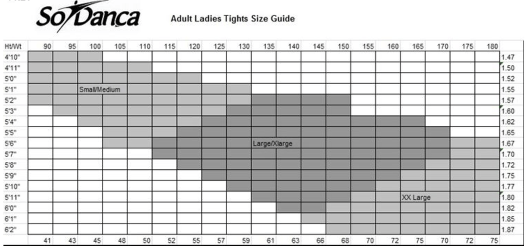 So Danca Tights SIzing Chart