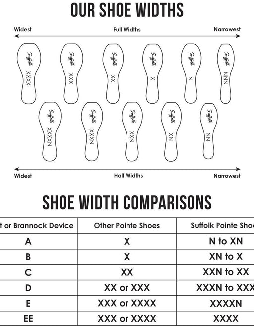 Suffolk Silhouette Pointe Shoe - Standard Size Chart